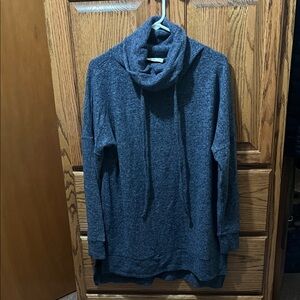 Women's Dark Blue Cowl Neck Sweater Tunic with Drawstrings